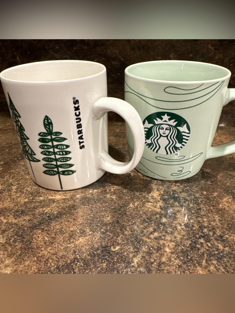 Starbucks Coffee Mug Lot of 2 Green White Ceramic 12oz Holiday Trees Logo Cups
